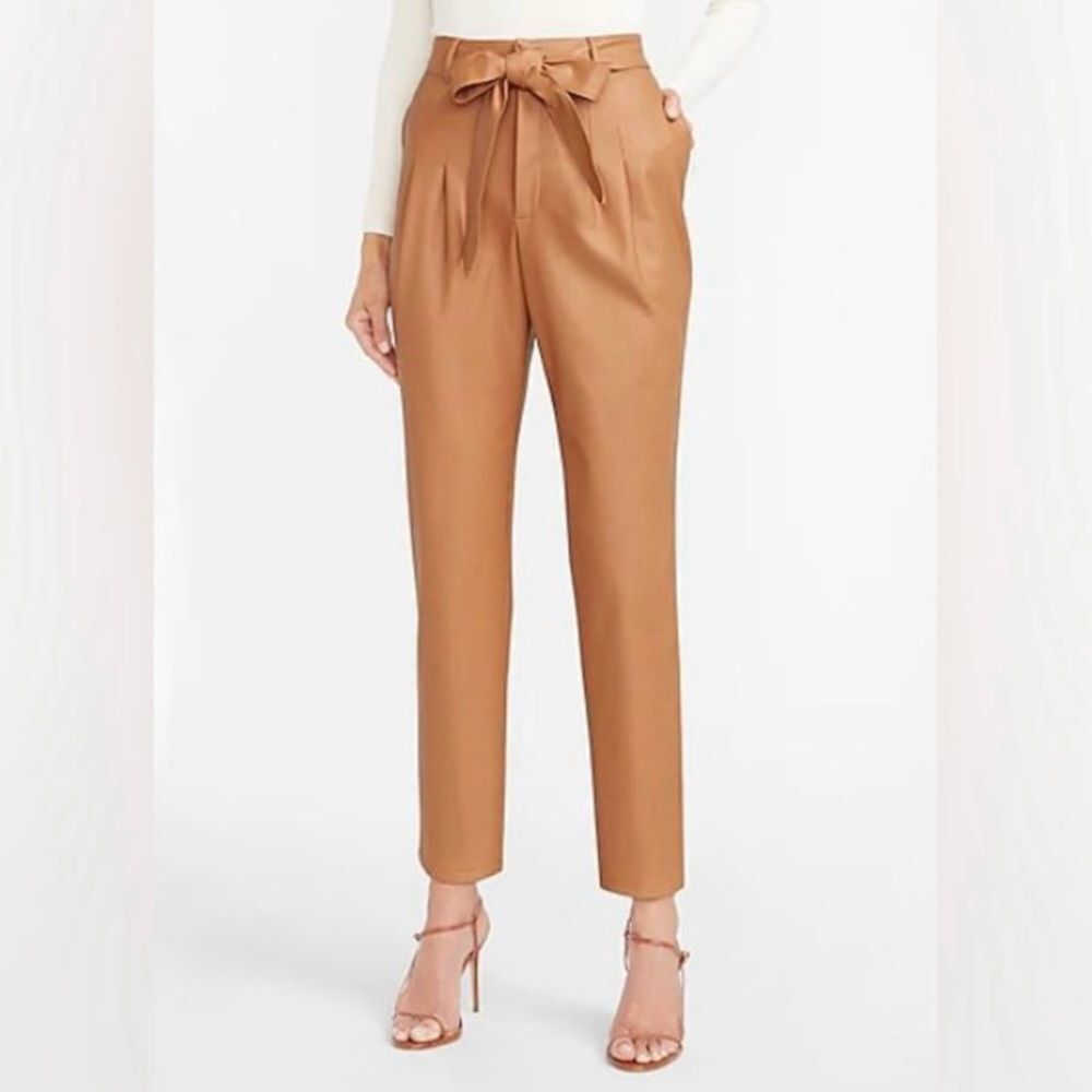 EXPRESS Super High Waisted Faux Leather Belted Camel Vegan Ankle Pant Size XS